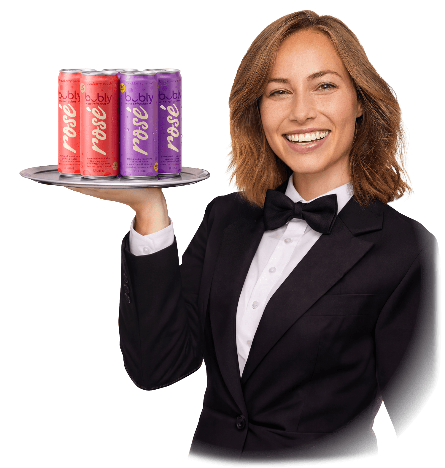 A woman in a tuxedo holding bubly wine refreshers
